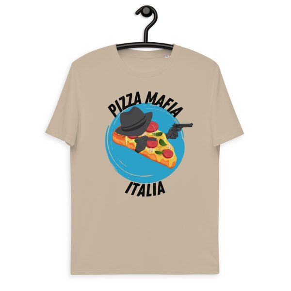 T-shirt with the quote Pizza Mafia Italia featuring a design of a blue circle that seems to be painted by a paintbrush, with a pizza on it that is wearing a 1920s mafiotic hat, smoking a cigar with the gloved right hand while holding a gun with the left gloved hand. The design may indicate the presence of the Italian dish Pizza that is apartaining to a criminal organization consisting of Pizza Mafia.
