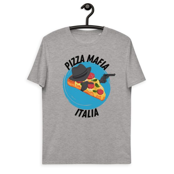 T-shirt with the quote Pizza Mafia Italia featuring a design of a blue circle that seems to be painted by a paintbrush, with a pizza on it that is wearing a 1920s mafiotic hat, smoking a cigar with the gloved right hand while holding a gun with the left gloved hand. The design may indicate the presence of the Italian dish Pizza that is apartaining to a criminal organization consisting of Pizza Mafia.