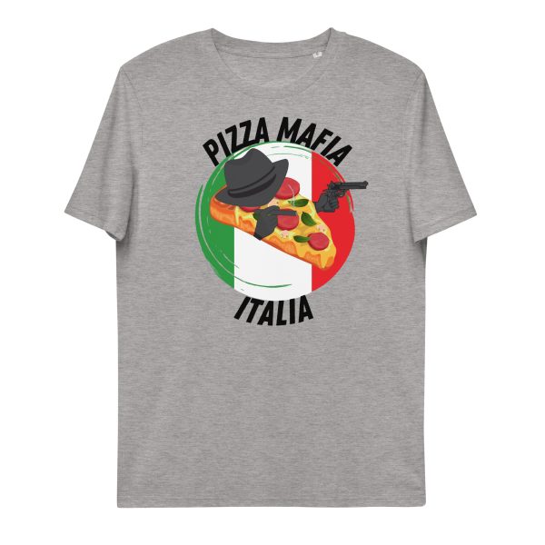 A t-shirt with the quote Pizza Mafia Italia with the design of the Italian flag with a pizza wearing a black hat, smoking a cigar and holding a gun in it, suggesting the object belongs to the Italian Pizza Mafia, literal Pizza Mafia.
