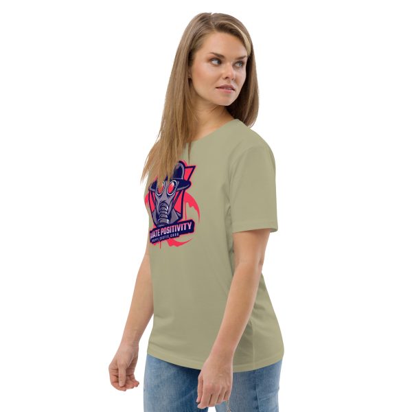 Woman looking at her left with her body inclined to the right, posing and showing a t-shirt with the design of a soldier wearing a gas mask with the quote "Radiate Positivity" intended to be a Radiation Pun.