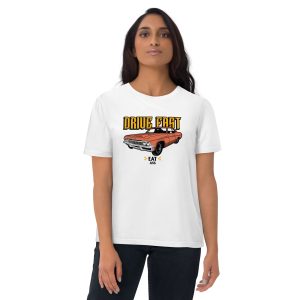 Woman proudly looking with her chin up to che camera with a confident pose wearing a t-shirt with the quote Drive Fast Eat Ass and a racecar with some flames and explosions drawn in the back for aesthetic purposes