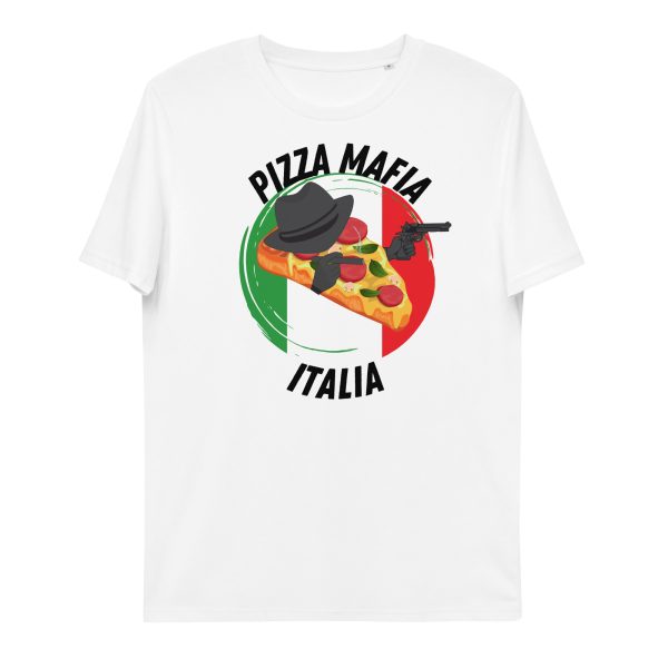 A t-shirt with the quote Pizza Mafia Italia with the design of the Italian flag with a pizza wearing a black hat, smoking a cigar and holding a gun in it, suggesting the object belongs to the Italian Pizza Mafia, literal Pizza Mafia.
