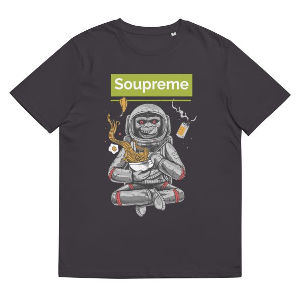 Organic t-shirt featuring the design of a monkey dressed in a space suit surrounded by elements from a ramen noodle soup. He is also consuming said ramen noodle soup from a big bowl, and the soup is tending to float indicating the monkey is in space. Above there is a logo that reads Soupreme, not related to any particular brand, only intended to be a funny pun regarding the main subject of the design, that being, ramen noodle soup.