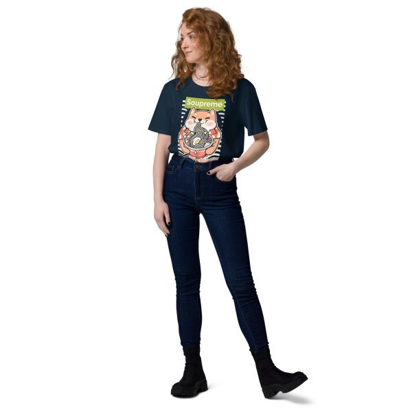 Woman with her left hand on her pocket, and body inclined in a fashionable position, looking at her right, wearing a t-shirt that features the design of Shiba Inu, a dog that is used as the image of a famous Cryptocurrency, eating ramen noodles, drawn in japanese anime/manga style with the text: Soupreme, not related at all to any particular brand, just intended to be funny because it is referring to the main design which is related to soup, specifically ramen noodles.