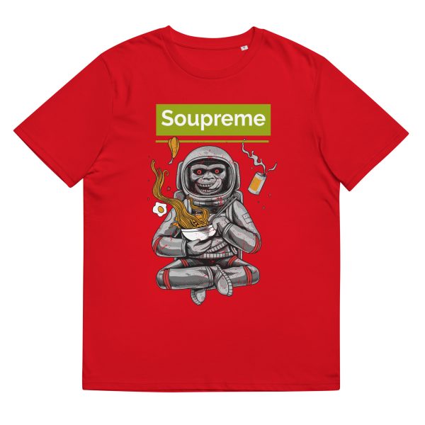 Organic t-shirt featuring the design of a monkey dressed in a space suit surrounded by elements from a ramen noodle soup. He is also consuming said ramen noodle soup from a big bowl, and the soup is tending to float indicating the monkey is in space. Above there is a logo that reads Soupreme, not related to any particular brand, only intended to be a funny pun regarding the main subject of the design, that being, ramen noodle soup.