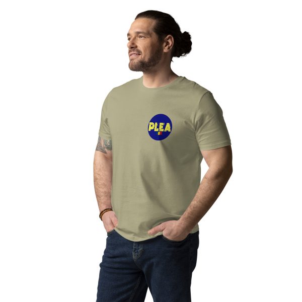 Man looking at the horizon with his hands on his pockets while wearing a t-shirt with a little logo on the top left representing PLEA's sustainable t-shirts made with 100% organic cotton.