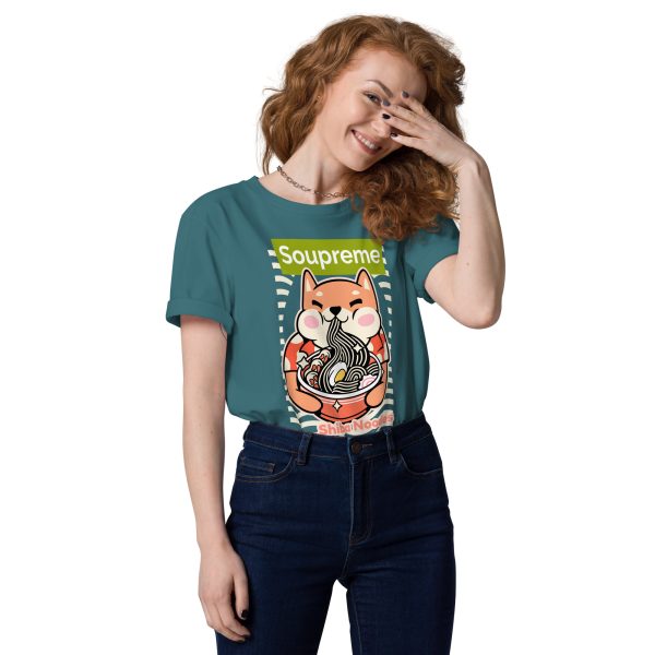 Woman smiling with her left hand on covering her face, which is slightly inclined downwards and more to the left, wearing a t-shirt that features the design of Shiba Inu, a dog that is used as the image of a famous Cryptocurrency, eating ramen noodles, drawn in japanese anime/manga style with the text: Soupreme, not related at all to any particular brand, just intended to be funny because it is referring to the main design which is related to soup, specifically ramen noodles.