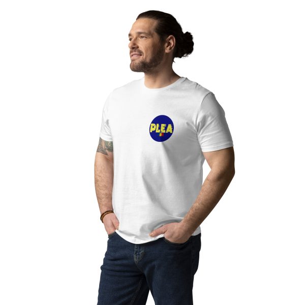 Man looking at the horizon with his hands on his pockets while wearing a t-shirt with a little logo on the top left representing PLEA's sustainable t-shirts made with 100% organic cotton.