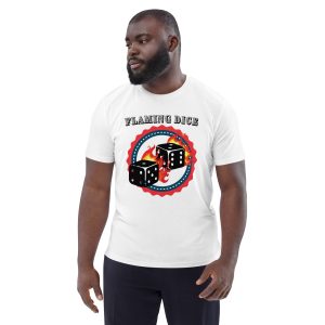 Strong man with a confident pose looking at his right with his head slightly downwards wearing a t-shirt with the design of dice on flames in a cartoonish and stylish way. Above is the text Flaming Dice, referring to the idea of the design.