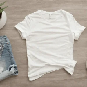 White Blank T-shirt in a photo shoot scene with some jeans and a pair of shoes, all next to a plant in a minimalistic style.