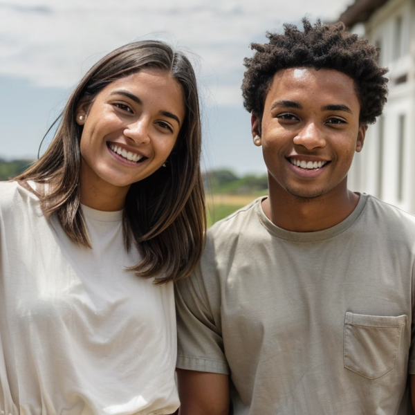 Young people looking at the camera smiling while wearing custom sustainable fashion t-shirts from PLEA