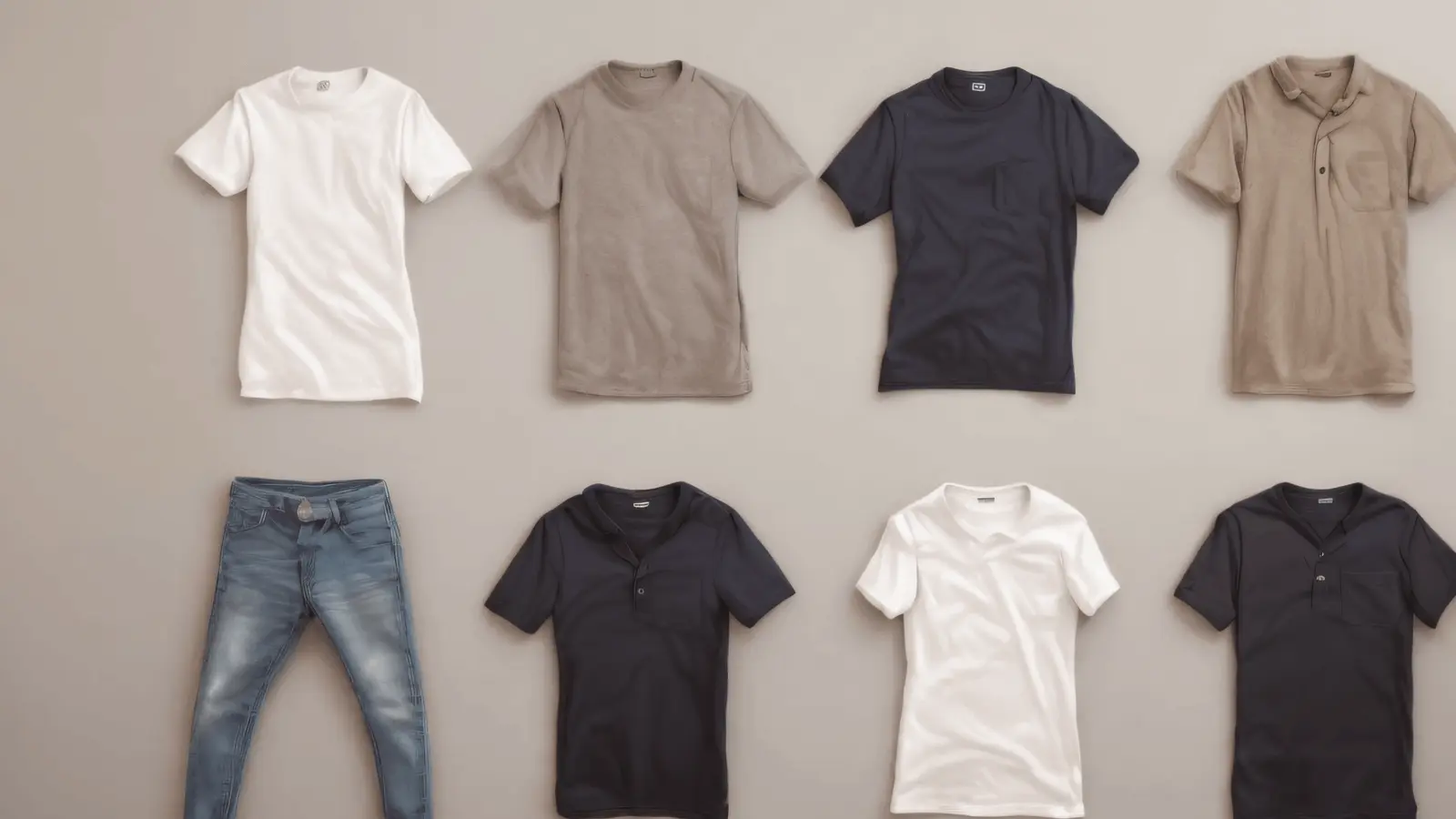 Image with seven t-shirts and a pair of jeans in a minimalist way representing the minimalism of a capsule wardrobe or capsule closer