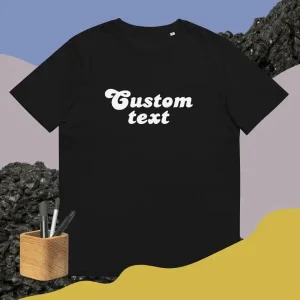 Black sustainable custom t-shirt with a cool and dinamic background and some pencils that symbolize how this t-shirt is customizable and can be bought with your custom design printed on it.