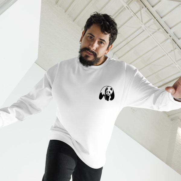 Man doing moves in front of the camera while wearing PLEA's sustainable sweatshirt with a cute little panda on the top left of the sustainable sweatshirt