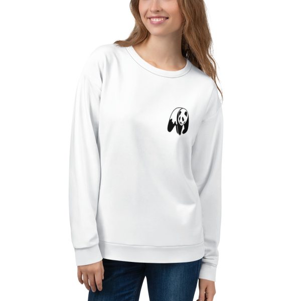 Woman smiling and posing inclined to the left for the camera while wearing PLEA's sustainable sweatshirt with a cute little panda on the top left of the sustainable sweatshirt