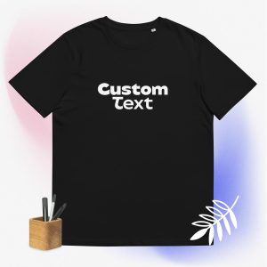 Black custom shirt with a cool and dinamic background and some pencils that symbolize how this t-shirt is customizable and can be bought with your custom design printed on it.