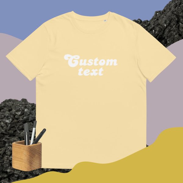 Butter custom shirt with a cool and dinamic background and some pencils that symbolize how this t-shirt is customizable and can be bought with your custom design printed on it.