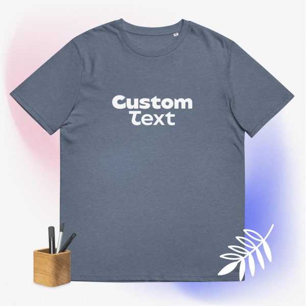 Dark Heather Blue custom shirt with a cool and dinamic background and some pencils that symbolize how this t-shirt is customizable and can be bought with your custom design printed on it.