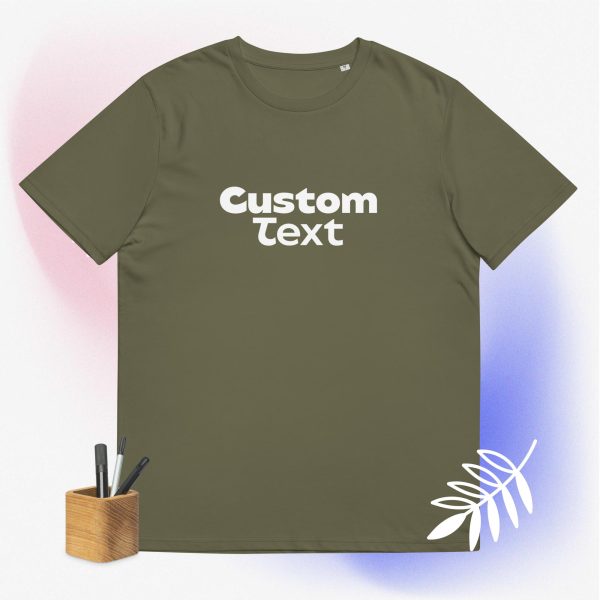 Khaki custom shirt with a cool and dinamic background and some pencils that symbolize how this t-shirt is customizable and can be bought with your custom design printed on it.
