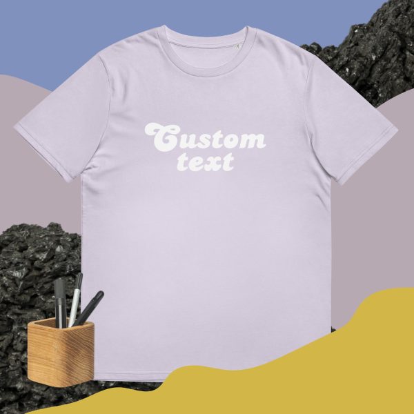 Lavender custom shirt with a cool and dinamic background and some pencils that symbolize how this t-shirt is customizable and can be bought with your custom design printed on it.