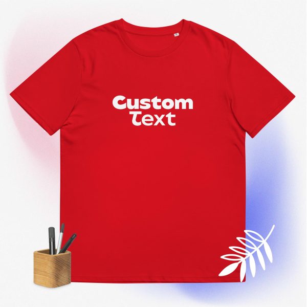 Red custom shirt with a cool and dinamic background and some pencils that symbolize how this t-shirt is customizable and can be bought with your custom design printed on it.