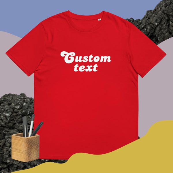 Red custom shirt with a cool and dinamic background and some pencils that symbolize how this t-shirt is customizable and can be bought with your custom design printed on it.