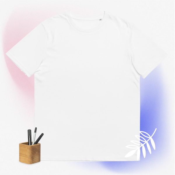 White custom shirt with a cool and dinamic background and some pencils that symbolize how this t-shirt is customizable and can be bought with your custom design printed on it.
