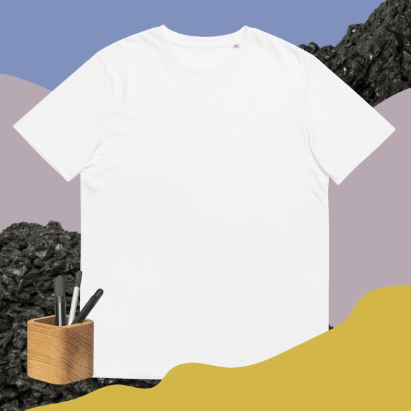 White custom shirt with a cool and dinamic background and some pencils that symbolize how this t-shirt is customizable and can be bought with your custom design printed on it.