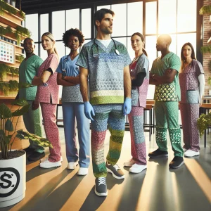 capture the essence of sustainable fashion within the medical profession—a dynamic and heartwarming scene set in a sunlit, eco-friendly hospital environment. Picture a group of smiling healthcare professionals donned in vibrant, patterned scrubs and comfy sweatshirts, interacting with patients and colleagues. Each wearing pieces from our collection, they are showcased going about their day with a sense of ease and confidence. The image would highlight the fashionable details and high-quality fabrics of the apparel, while in the background, subtle elements like potted plants and recycling bins would underscore the commitment to sustainability. The overall aesthetic would convey a harmonious blend of professional responsibility, personal style, and environmental consciousness, alluding to the positive impact that choosing sustainable medical attire can have on both the wearer and the world.
