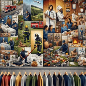 An effortlessly compelling cover image: a mosaic of diverse professionals—firefighters, teachers, chefs, nurses, mechanics—each captured in their element and transitioning seamlessly into scenes of natural beauty, symbolizing a harmony between their roles and sustainable practices. In the foreground, select pieces from the collection—eco-friendly sweatshirts, hoodies, and tees—drape over minimalist hangers or mannequins made from recycled materials, with each item clearly embodying the essence of its profession. A palette of earth tones and vibrant hues reflects the fusion of duty, passion, and eco-consciousness, all of which without any text, hard image