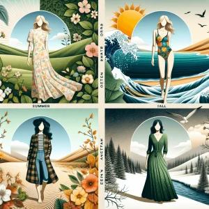 The perfect cover image for this eco-chic fashion guide would feature a collage representing each season - a lush green backdrop with blooming flowers for spring, a sandy beach with waves for summer, a tapestry of autumn leaves for fall, and a serene snowscape for winter. In each section, a model poses wearing seasonal, stylish eco-friendly apparel: a light floral dress, a vibrant swimsuit, a cozy flannel shirt paired with jeans, and an elegant wool coat respectively. The models stand gracefully against the diverse but harmonious seasonal elements, showcasing the sustainable fabric and timeless designs that emphasize the brand's commitment to eco-conscious fashion throughout the year.