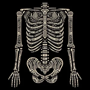 The image before us is a striking and intricate artistic rendition of a human skeleton, depicted in a stylized and decorative manner. It is set against an obsidian canvas, a deep black that accentuates the skeletal form's golden linework. This skeleton does not evoke the chill of death but rather an admiration for its design and culture.\n\nLet’s start from the top and work our way down. Resting at the vertex is the skull — not one of stark realism but imagined with curvilinear motifs and dotted embellishments, giving it a more ornamental and ceremonial appearance. The skull’s eyes are fashioned into elegant spirals, a usual symbol of mystery and continuity, while the nasal opening and teeth are simplified with geometric linear artistry.\n\nDescending from the skull, we reach the spine and ribcage, an assemblage of bones transformed into a tapestry of pattern. Each rib is ornamented with its unique sequence of dashes, crosses, and line work, resembling the craftsmanship of a skilled artisan. The spinal column, a vertical cascade of connection, is dotted and crosshatched, forming a decorative bridge between the upper and lower extremities of the skeleton.\n\nMoving laterally, the arms are stretched outwards, their bones — the humerus, radius, and ulna, and even the delicate carpals, metacarpals, and phalanges of the hands — all etched with tribal-like designs, as if each bone is a totem of identity and strength.\n\nThe pelvis is a cradle of creativity, curved lines swirl together forming shapes reminiscent of seashells or perhaps the unfolding petals of an elaborate flower. It stands as the nexus between the upper serenity and the suggestion of motion that the legs might offer.\n\nFinally, the legs mirror the arms, every element from the femur to the tiniest bone in the toes etched with meticulous attention to detail, implying that this skeleton is not just a remnant but a message from the past, communicating in a language of beauty and design.\n\nWhat this artistic portrayal radiates is a reverence for the human form, a celebration of life rather than a macabre symbol. It might convey to the viewer a sense of the enduring nature of the human spirit or the cultural importance of death and the afterlife, as is often highlighted in different traditions and festivities around the world, such as Mexico's Día de los Muertos. This image is more than a mere depiction; it's a bridge between the mortal coil and the ethereal world of art and symbolism.