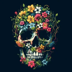 Very cool and beautiful skeleton skull made with flowers sustainable fashion designs
