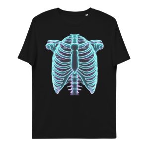 Glow in the dark skeleton ribcage effect on black sustainable fashion organic cotton t-shirt