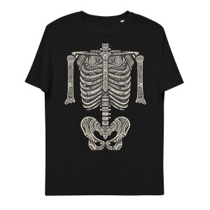 Black organic cotton sustainable t-shirt with skeleton design effect