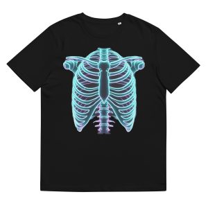 Black organic cotton sustainable t-shirt with glow in the dark ribcage skeleton effect design