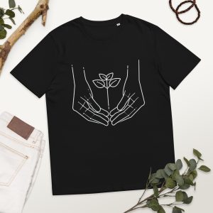 Sustainable fashion eco concious organic cotton plant hands t-shirt