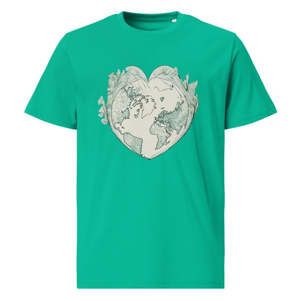 Organic cotton sustainable fashion eco conscious green planet earth heart design t-shirt