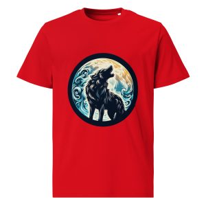 Wolf design red organic t-shirt with design on the front