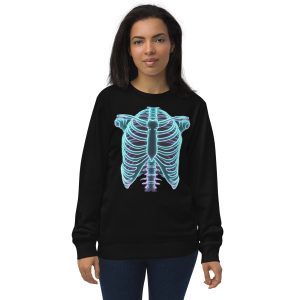Woman smiling while wearing a black organic cotton sweatshirt with the design of a glow-in-the-dark ribcage skeleton