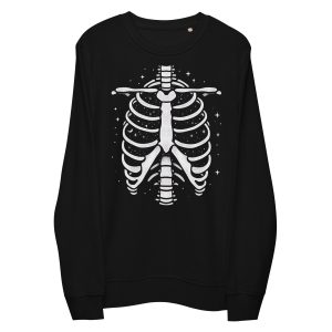 Black organic cotton sustainable sweatshirt with stardust ribcage skeleton effect design