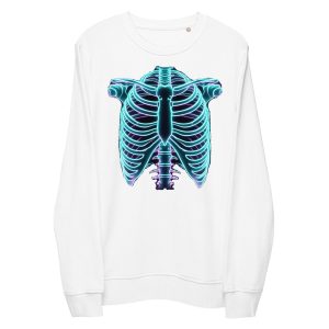 White sustainable organic cotton sweatshirt with glow in the dark ribcage skeleton effect