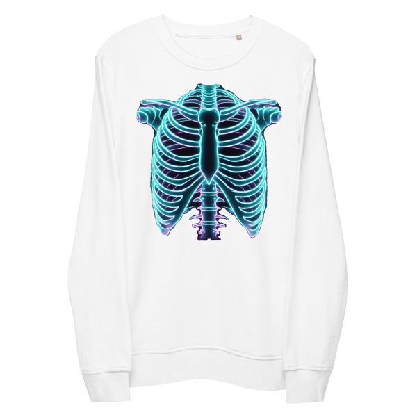 White sustainable organic cotton sweatshirt with glow in the dark ribcage skeleton effect