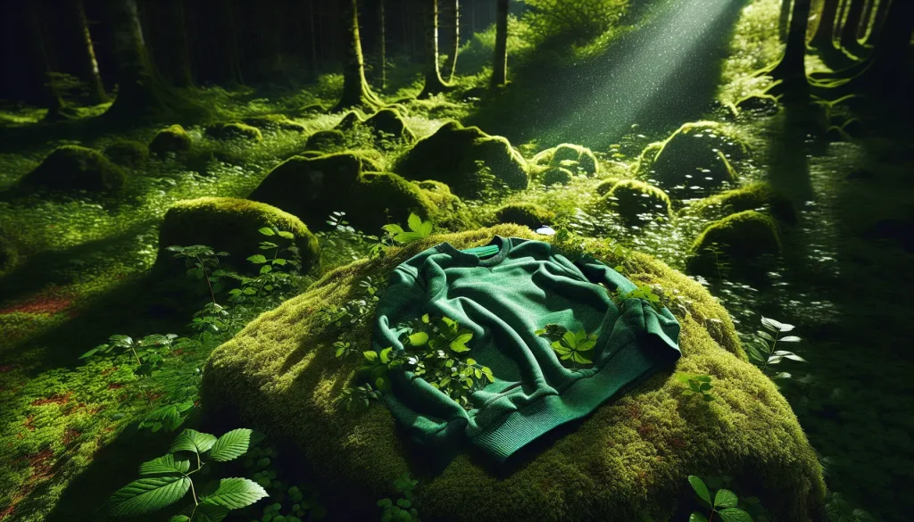Best green sweatshirts in 2024: Imagine an enchanting forest scene with dappled sunlight filtering through vibrant green leaves. A solitary green sweatshirt, impeccably folded, rests on a moss-covered rock, blending seamlessly with the lush surroundings. The play of shadows and highlights accentuates the fabric's texture, creating an irresistible visual contrast. This captivating image promises a harmonious blend of nature and style.