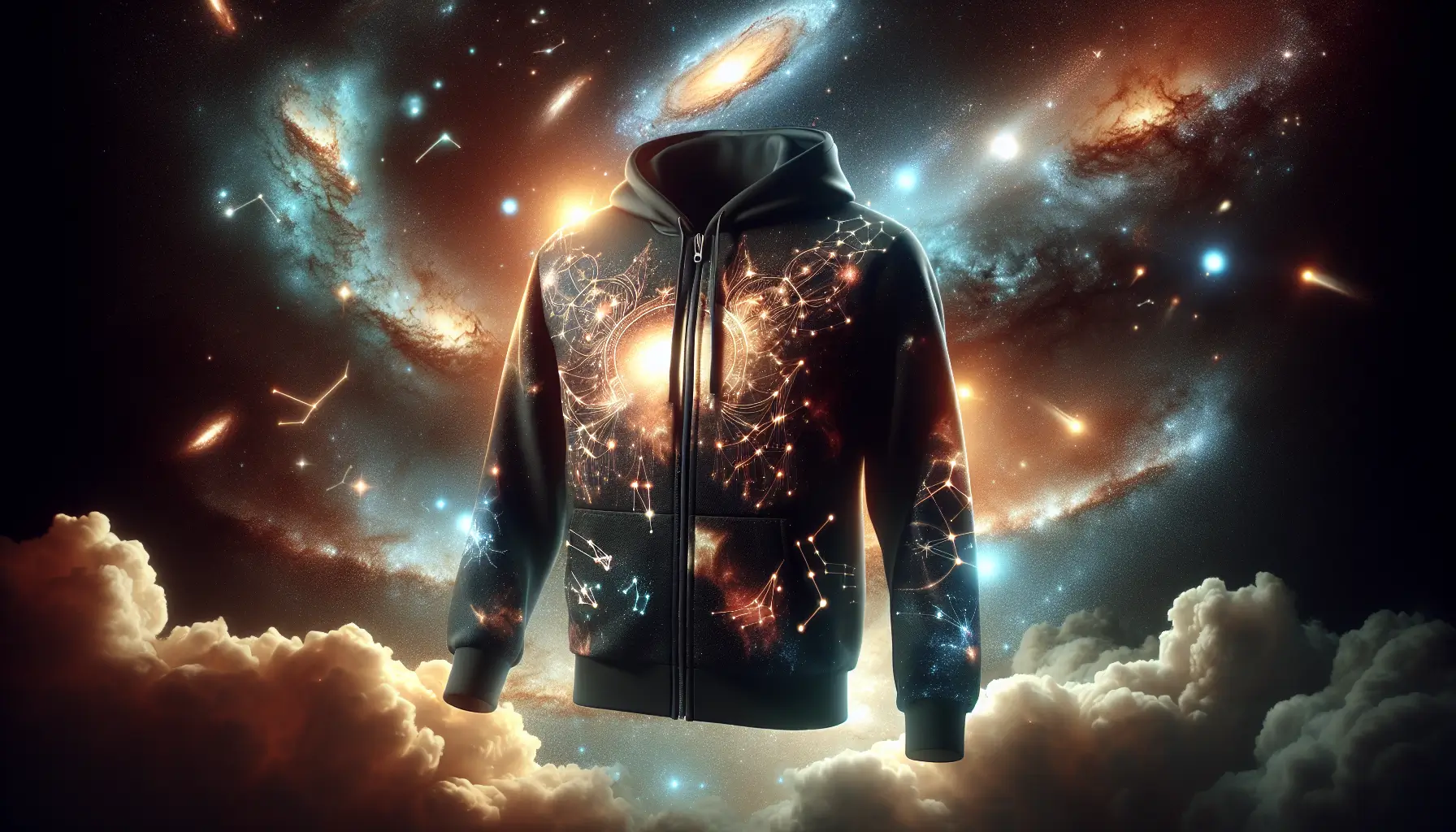 The Best Space Hoodies: Astronomy-Inspired Apparel for 2024. This is a sleek, dark background with a galaxy or cosmic nebula as the backdrop. In the foreground, there's a beautifully designed space hoodie, featuring intricate celestial patterns, constellations, or planetary elements. The hoodie should be well-lit to highlight its details, with a subtle glow emanating from the cosmic design. This captivating visual would convey the theme of astronomy-inspired fashion, inviting readers to explore the celestial allure of space-themed hoodies without any text or faces to maintain a clean and elegant appearance.