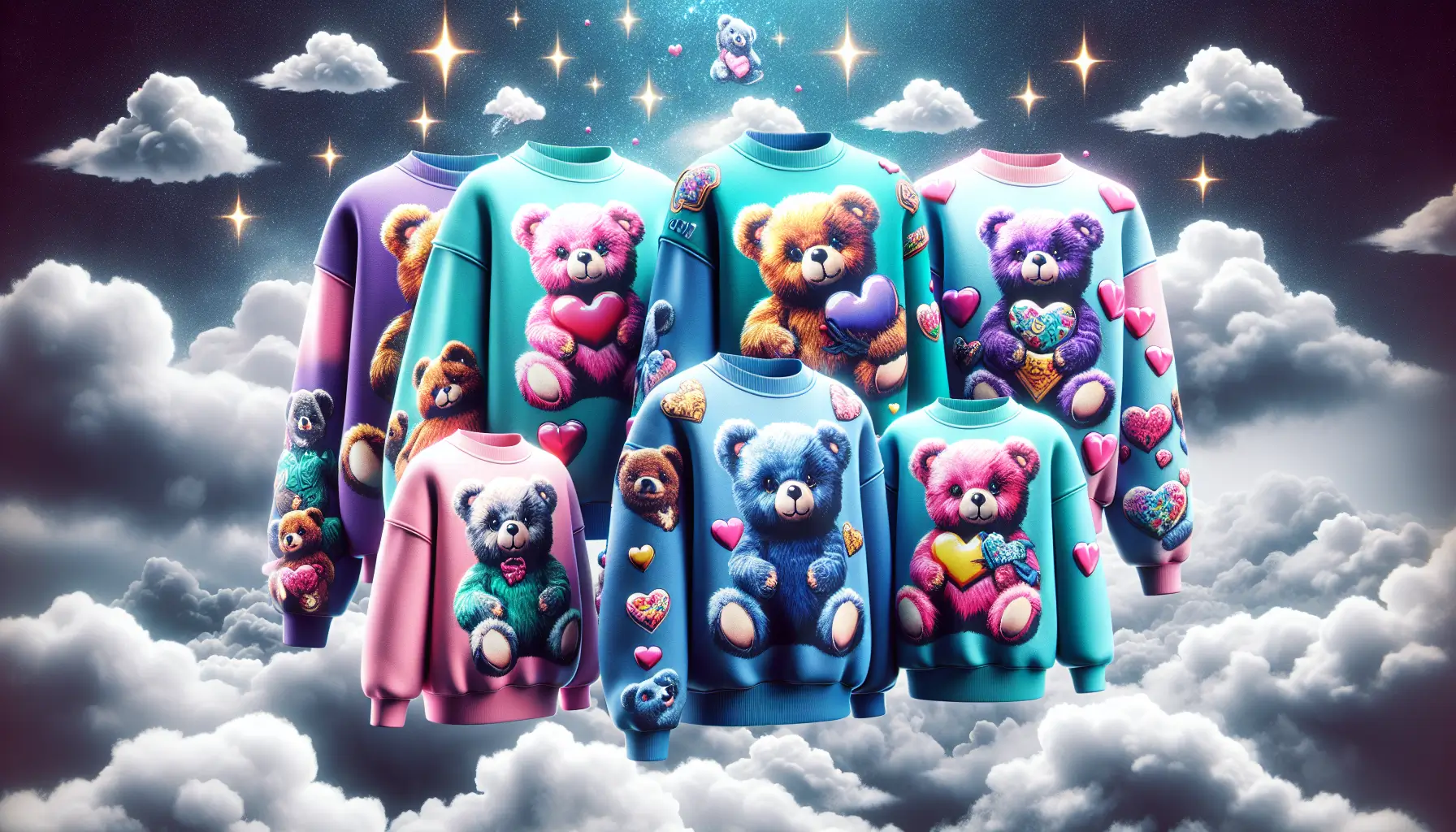 A playful arrangement of vibrant, oversized sweatshirts adorned with adorable teddy bear motifs set against a backdrop of fluffy clouds and a hint of sparkle. The image should convey warmth, style, and the irresistible charm of these trendy garments, enticing readers to delve into the exciting world of the best teddy bear sweatshirts awaiting them in the upcoming year.