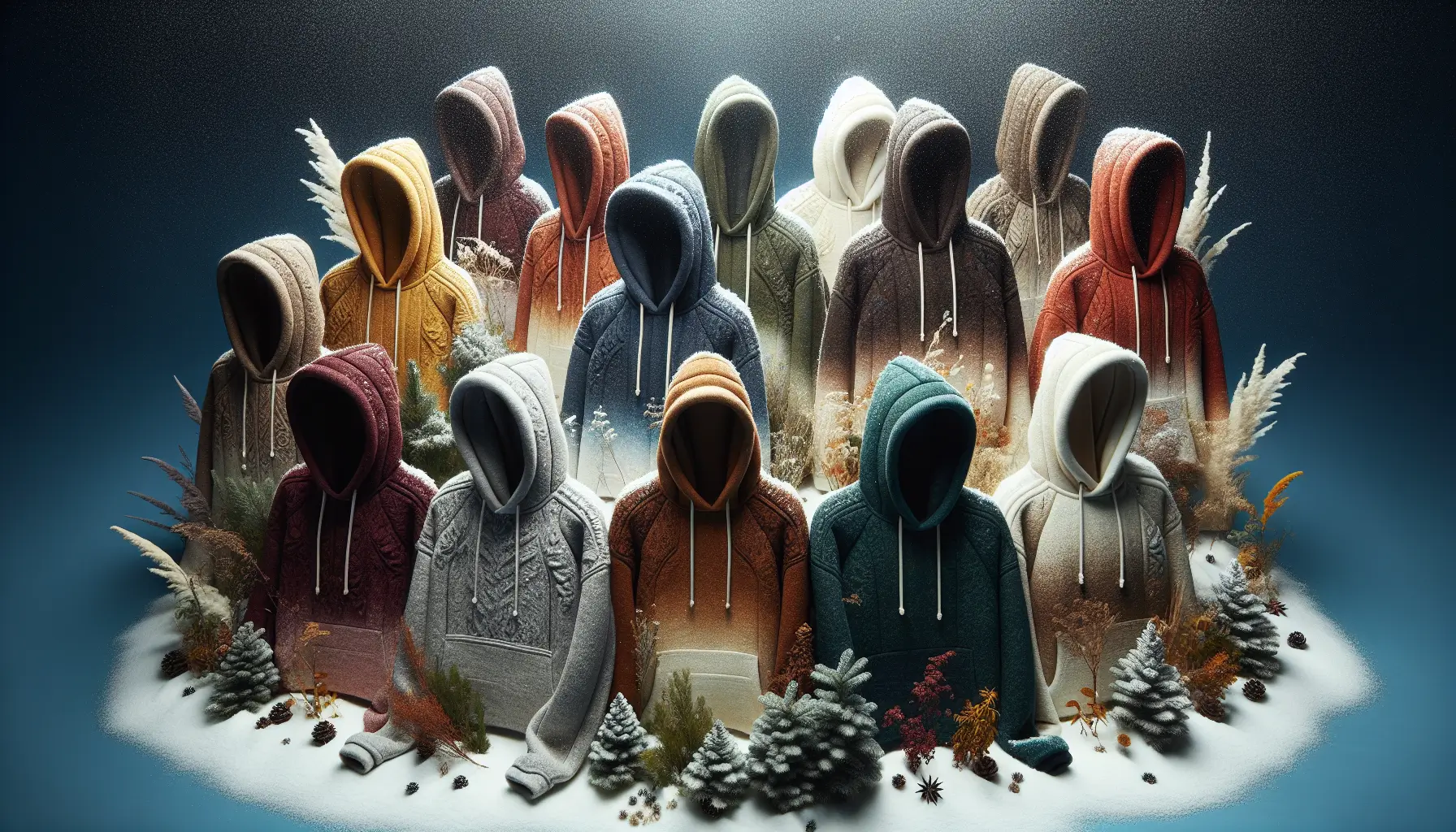 an inviting winter scene with a diverse array of eco-friendly hoodies. Against a backdrop of gently falling snow, the hoodies, made from sustainable materials, are artfully arranged in a pleasing composition. Earthy tones and rich hues pop against the snowy background, showcasing the fashionable yet environmentally conscious appeal of these winter essentials. Each hoodie boasts unique design elements, and the interplay of natural light and shadows accentuates the textures, creating a visually appealing snapshot of style and sustainability.