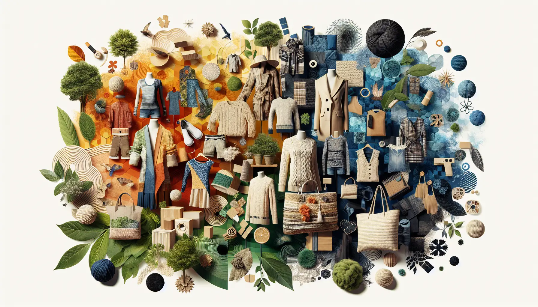 Seasonal Guide to Sustainable Fashion: Consider a vibrant collage of seasonal sustainable fashion items arranged in an eye-catching and artistic manner. Incorporate elements like eco-friendly fabrics, nature-inspired colors, and stylish accessories to visually convey the essence of the article without using text or faces.