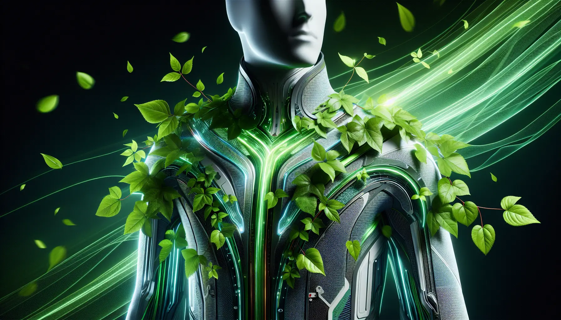Technology & Innovation in Sustainable Fashion: a captivating featured image that blends futuristic technology with eco-friendly elements. Picture a sleek, modern garment intertwined with green vines or leaves, symbolizing sustainability. Use a clean and vibrant color palette to convey a sense of innovation and style.