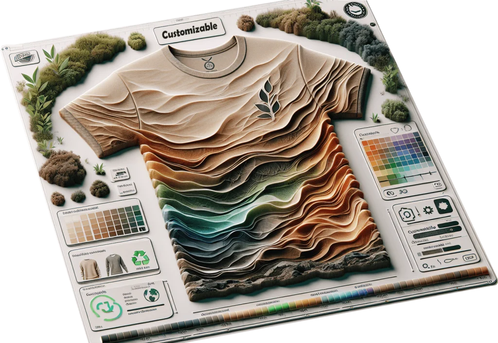 The image presents a highly stylized artistic rendering of a T-shirt that appears to fuse the worlds of graphic design, fashion, and natural topography. The shirt itself lays flat and extends across most of the image, with its fabric manipulated to resemble the undulating layers of a topographical map. A gradient of colors flows down the shirt, starting with an arid tan at the collar and transforming through rich browns, greens, and blues, finally culminating in a deep marine hue at the hem. Each ripple of fabric is shaded to give the illusion of a three-dimensional landscape of rolling hills, valleys, and canyons.\n\nAround the shirt, the graphics evoke the interface of a design software program, with tools and palettes arranged neatly to suggest that the shirt\'s appearance can be customized to the user\'s desire. On the left of the shirt, various textures and elements of flora—moss, leaves, and grass—are showcased, each adding to the overall theme of nature and sustainability. On the right, a digital color palette offers a spectrum of options, alongside icons relating to fabric care, ecological certifications, and customizable attributes, reinforcing the garment\'s environmentally friendly credentials.\n\nWords on the image label various elements such as "Customizable," "100% Cotton," and "Eco Friendly," suggesting a commitment to personalization and ecological responsibility. As a whole, the image communicates a forward-thinking vision where fashion intersects with technological innovation and ecological consciousness. It invites the viewer to imagine clothing as not just a form of self-expression, but also as a canvas for their values and for the beauty of the natural world.